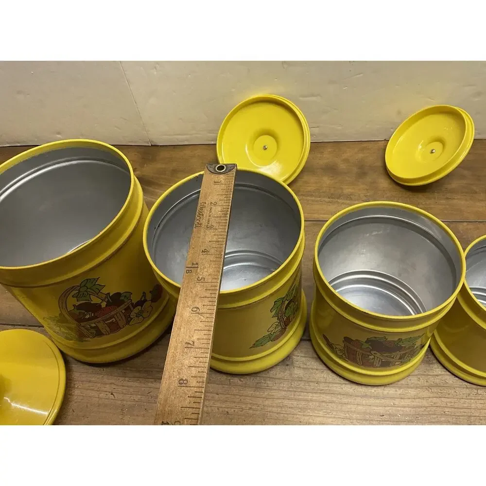 Vtg 70s Kromex Yellow Fruit Basket Aluminum Kitchen Canister Set